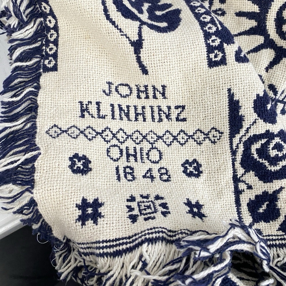 Repro John Klinhinz Ohio 1848 Reversible Cotton Throw Dark Navy/Cream 48"X69"‎